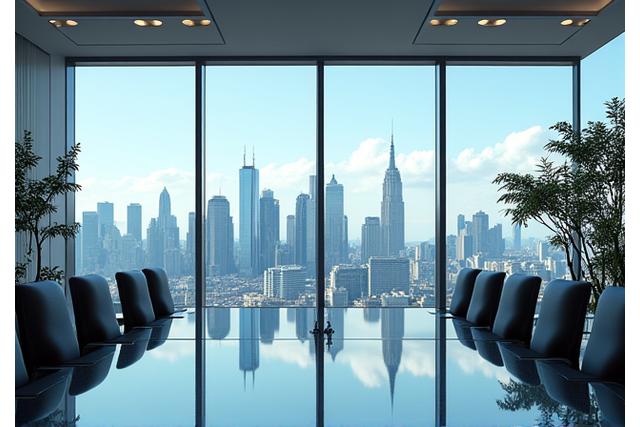 Vue aérienne d'un paysag de bureaux modernen et épuré avec de grandes baies vitrées